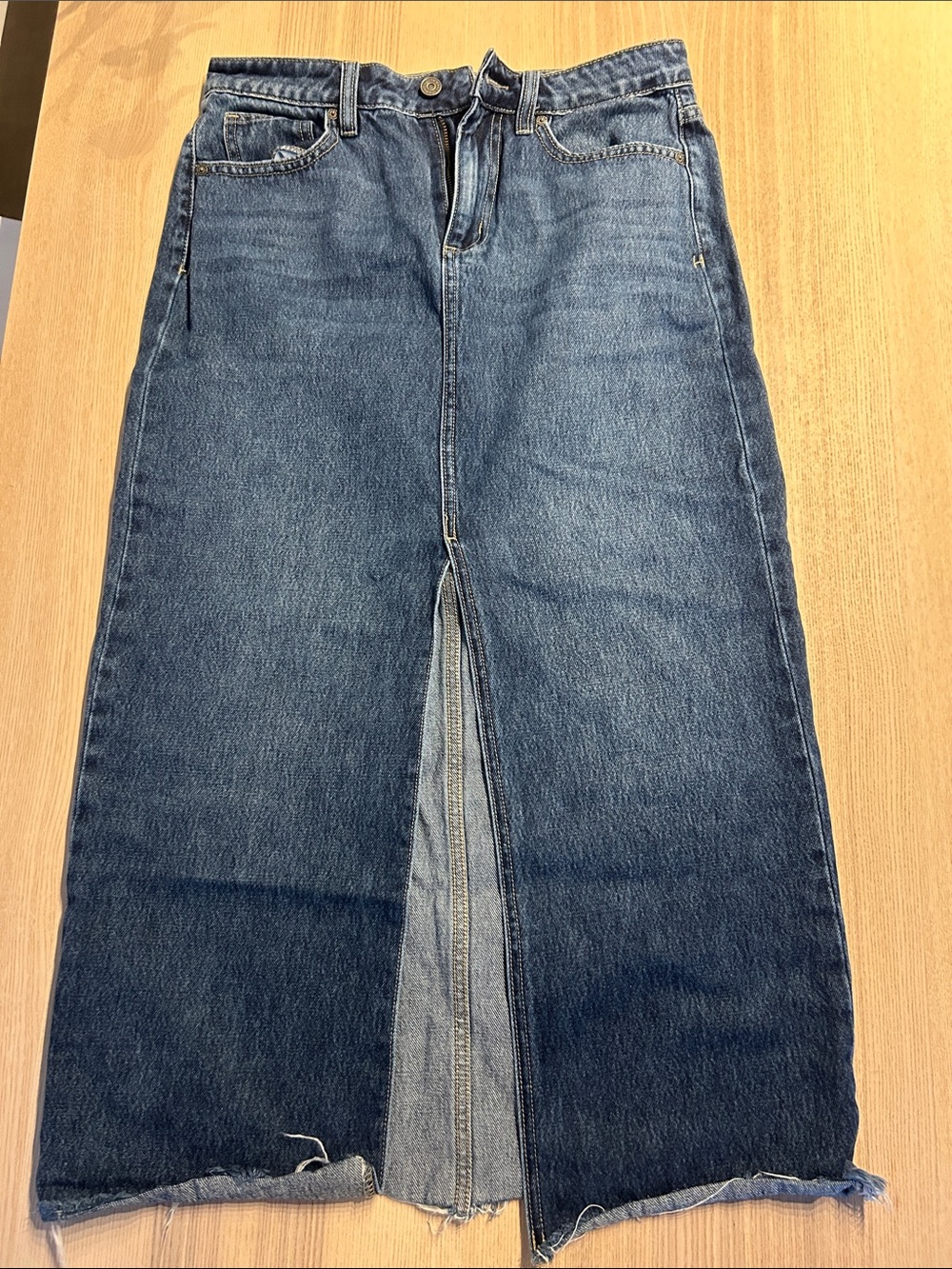 Denim Midi Skirt with Front Slit - Blue
